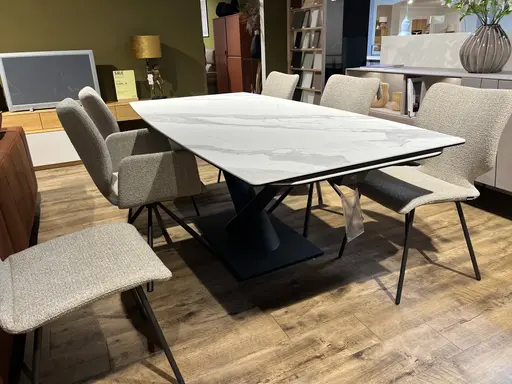 Esstisch Contur Savona Platte Keramik auf Glas Statuario matt  44 x 200(280) x 100 cm